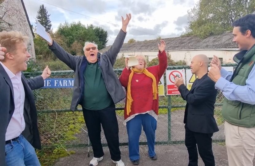 Celebrating the win - Ben Spencer MP, councillors Scott Lewis and Tom Gracey and the Kendalls