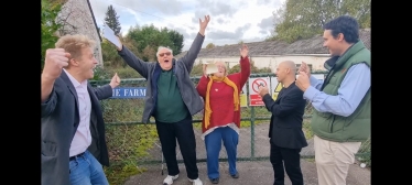 Celebrating the win - Ben Spencer MP, councillors Scott Lewis and Tom Gracey and the Kendalls